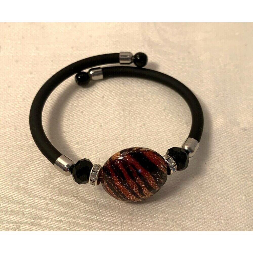 Adjustable Bangle Bracelet Black Rubber and Glass Bead Mixed Materials